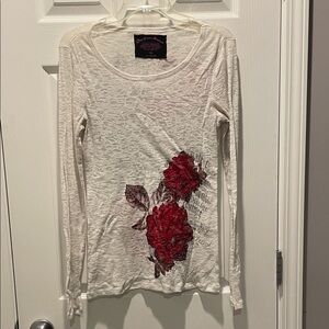One More Round Y2K Cream Long Sleeve Top with Red Rose Design